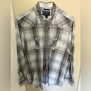 White, blue and brown plaid dress shirt